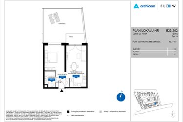 Rzut - Mieszkanie na sprzedaż 1 pokój o powierzchni 42,77 m² - numer B23 202 w Flow - bud. B2 A i bud. B2 B