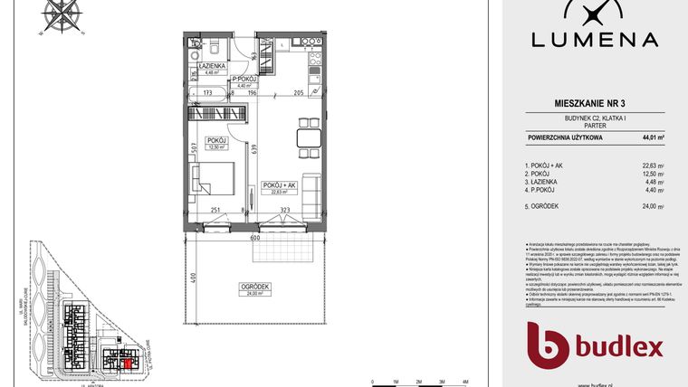 Rzut - Mieszkanie na sprzedaż 2 pokoje o powierzchni 44,01 m² - numer C2.03 w Lumena