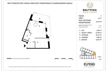 Rzut - Mieszkanie na sprzedaż 2 pokoje o powierzchni 41,47 m² - numer A.2.7 w Bałtycka Sea Park