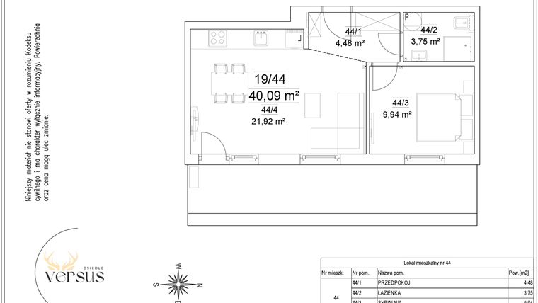 Rzut - Mieszkanie na sprzedaż 2 pokoje o powierzchni 40,09 m² - numer 19/44 w Osiedle Versus etap II