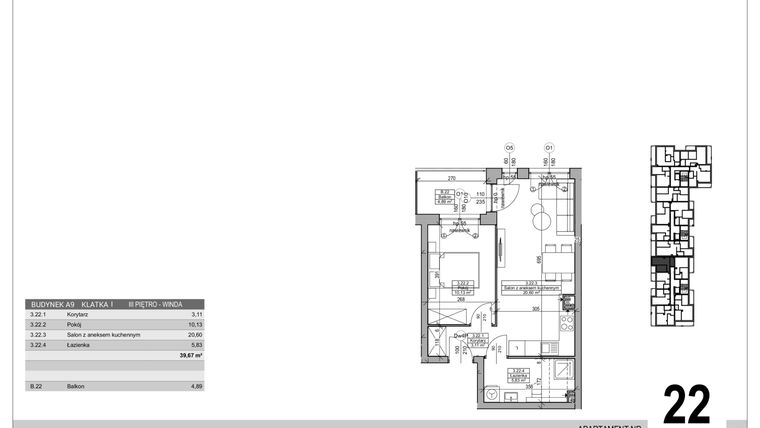 Rzut - Mieszkanie na sprzedaż 2 pokoje o powierzchni 39,67 m² - numer A.9.M.22 w Sobola Biel A9
