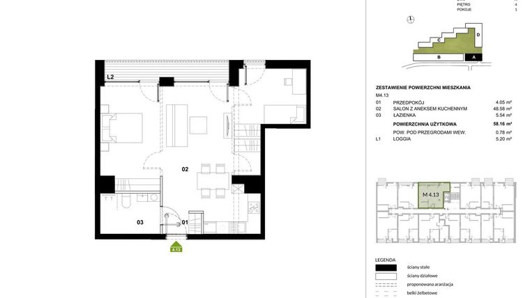 Rzut - Mieszkanie na sprzedaż 1 pokój o powierzchni 58,66 m² - numer A.4.13 w Kozielska Park