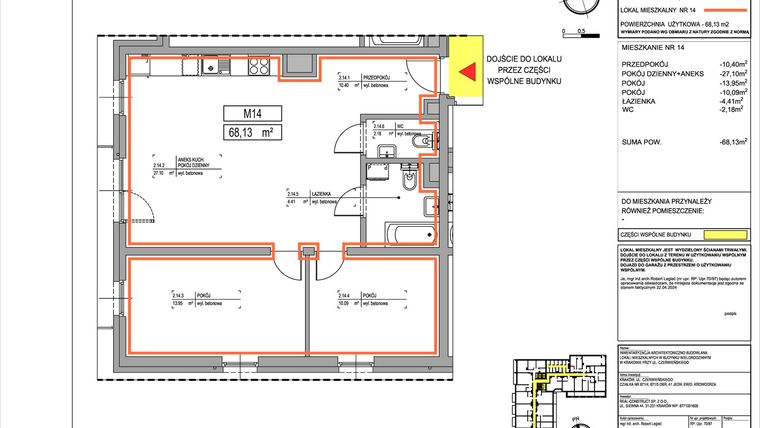Rzut - Mieszkanie na sprzedaż 3 pokoje o powierzchni 68,13 m² - numer 3.14 w Czerwieńskiego 3