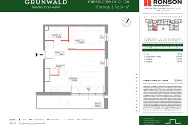 Rzut - Mieszkanie na sprzedaż 2 pokoje o powierzchni 52,34 m² - numer D156 w Grunwald Między Drzewami etap III