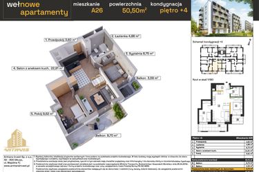 Rzut - Mieszkanie na sprzedaż 3 pokoje o powierzchni 51,4 m² - numer A26 w Osiedle Wełnowe Apartamenty