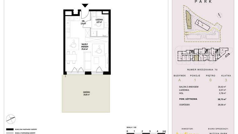 Rzut - Mieszkanie na sprzedaż 1 pokój o powierzchni 38,75 m² - numer A70 w Witosa Park