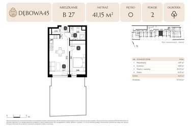 Rzut - Mieszkanie na sprzedaż 2 pokoje o powierzchni 41,15 m² - numer B.27 w Dębowa 45