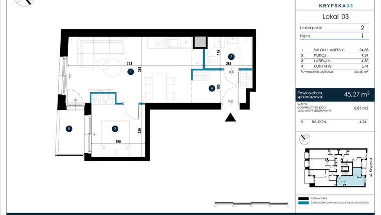 Rzut - Mieszkanie na sprzedaż 2 pokoje o powierzchni 45,27 m² - numer M03 w Krypska 33