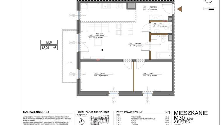 Rzut - Mieszkanie na sprzedaż 3 pokoje o powierzchni 68,26 m² - numer 3.30 w Czerwieńskiego 3