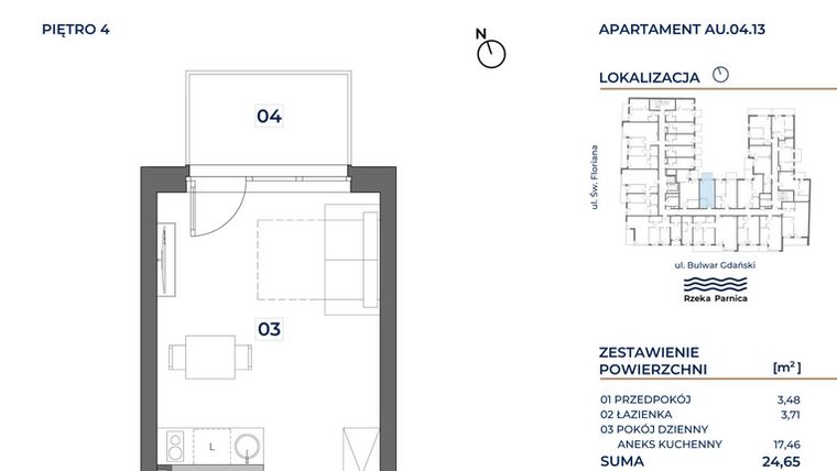 Rzut - Mieszkanie na sprzedaż 1 pokój o powierzchni 24,65 m² - numer AU.04.13 w Grand Bulwar
