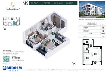 Rzut - Mieszkanie na sprzedaż 2 pokoje o powierzchni 38,7 m² - numer 9 w Badurskiego 7
