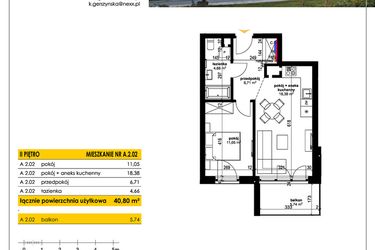 Rzut - Mieszkanie na sprzedaż 2 pokoje o powierzchni 40,8 m² - numer A 2.02 w Park Moniuszki II C