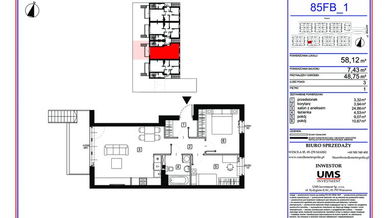 Rzut - Mieszkanie na sprzedaż 3 pokoje o powierzchni 58,12 m² - numer 85 FB/1 w Osiedle Metropolia