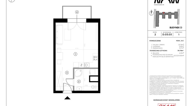Rzut - Mieszkanie na sprzedaż 1 pokój o powierzchni 34,78 m² - numer D.03.03 w NOW