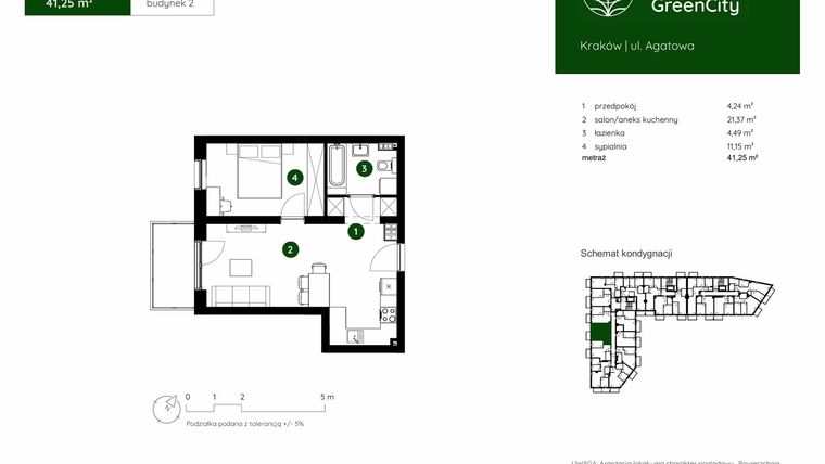 Rzut - Mieszkanie na sprzedaż 2 pokoje o powierzchni 41,25 m² - numer 2.A.2.07 w Murapol GreenCity bud. 2