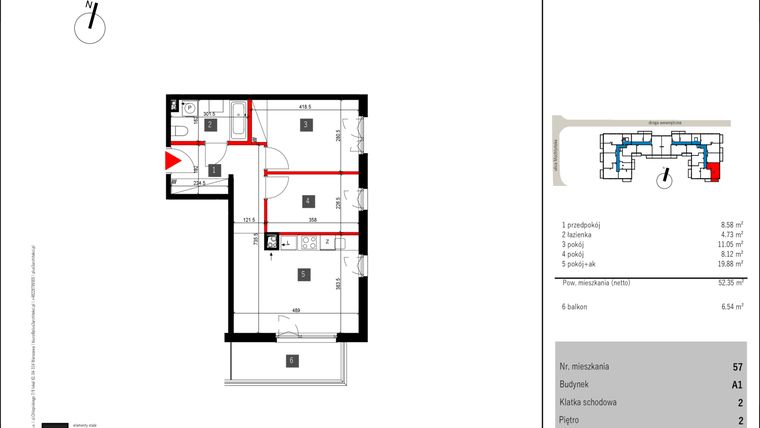 Rzut - Mieszkanie na sprzedaż 3 pokoje o powierzchni 52,35 m² - numer 57 w Mochtyńska 56