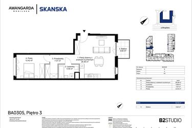 Rzut - Mieszkanie na sprzedaż 2 pokoje o powierzchni 52,35 m² - numer 1BA0305 w Awangarda Mogilska