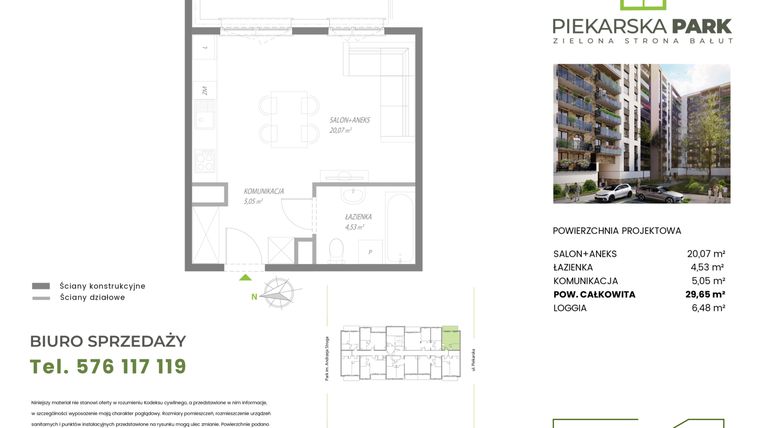 Rzut - Mieszkanie na sprzedaż 1 pokój o powierzchni 29,65 m² - numer B2.2 w Piekarska Park