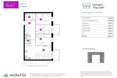 Rzut - Mieszkanie na sprzedaż 2 pokoje o powierzchni 75,22 m² - numer 2.B.3.02 w Murapol Trzy Lipki etap II