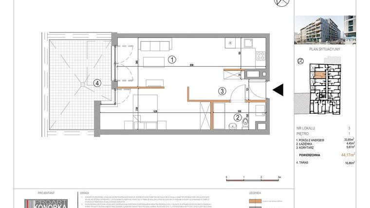 Rzut - Mieszkanie na sprzedaż 1 pokój o powierzchni 44,17 m² - numer A1/3 w 5th Avenue Apartments