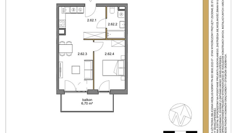 Rzut - Mieszkanie na sprzedaż 2 pokoje o powierzchni 42,08 m² - numer 62 w Osiedle Sfera etap II