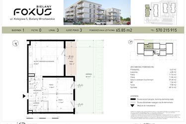 Rzut - Mieszkanie na sprzedaż 3 pokoje o powierzchni 65,85 m² - numer B1-3 w Fokus Bielany