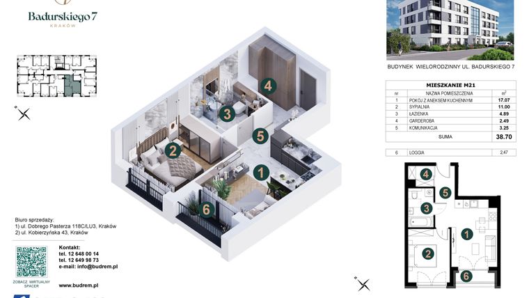 Rzut - Mieszkanie na sprzedaż 2 pokoje o powierzchni 38,7 m² - numer 21 w Badurskiego 7