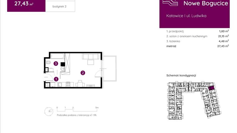 Rzut - Mieszkanie na sprzedaż 1 pokój o powierzchni 27,48 m² - numer 2.B.3.02 w Murapol Nowe Bogucice