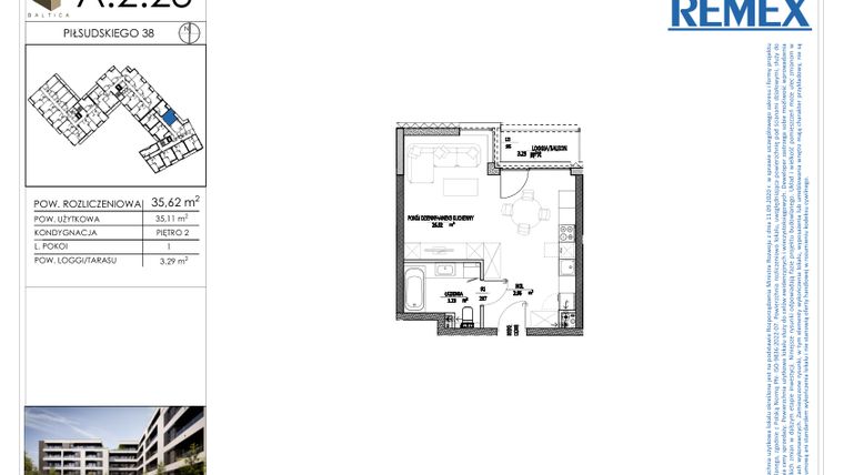 Rzut - Mieszkanie na sprzedaż 1 pokój o powierzchni 35,62 m² - numer A.2.23 w Osiedle BALTICA