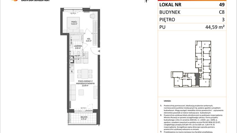 Rzut - Mieszkanie na sprzedaż 2 pokoje o powierzchni 44,59 m² - numer C8.49 w Konstelacja etap IV