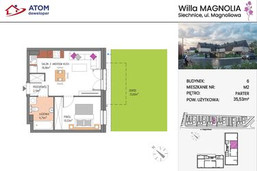 Rzut - Mieszkanie na sprzedaż 2 pokoje o powierzchni 35,53 m² - numer Bud.6-2 w Willa Magnolia