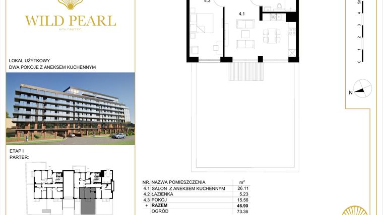 Rzut - Mieszkanie na sprzedaż 2 pokoje o powierzchni 46,9 m² - numer 0.4 w Wild Pearl