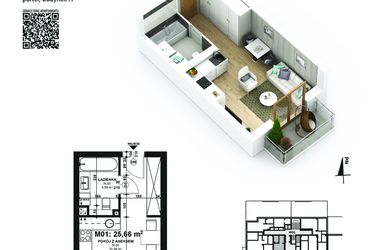 Rzut - Mieszkanie na sprzedaż 1 pokój o powierzchni 25,66 m² - numer 1 w Piano Park etap VI