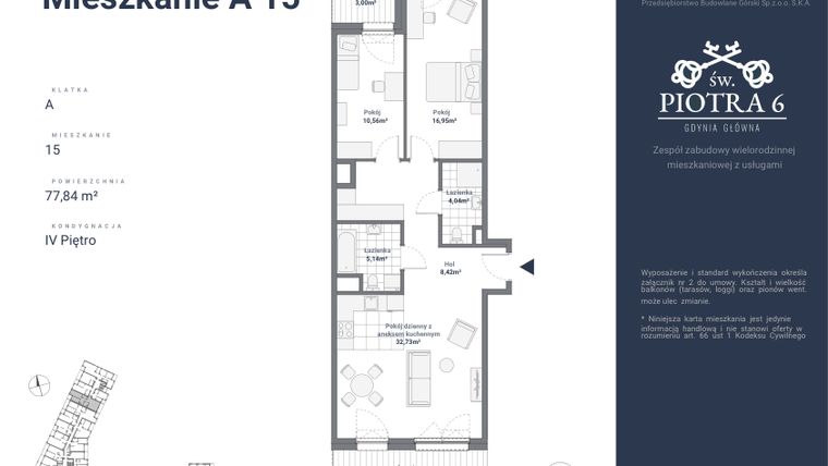 Rzut - Mieszkanie na sprzedaż 3 pokoje o powierzchni 77,84 m² - numer A15 w Św. Piotra