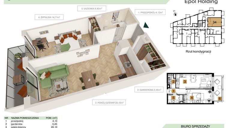 Rzut - Mieszkanie na sprzedaż 2 pokoje o powierzchni 46,85 m² - numer B1.M34 w Tutaj Bunscha