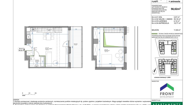 Rzut - Mieszkanie na sprzedaż 2 pokoje o powierzchni 57,04 m² - numer B.4.4. w Apartamenty Płużnicka