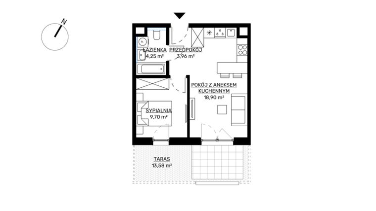 Rzut - Mieszkanie na sprzedaż 2 pokoje o powierzchni 36,81 m² - numer M57 w KWADRAT etap 2