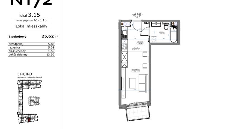 Rzut - Mieszkanie na sprzedaż 1 pokój o powierzchni 25,62 m² - numer 03.15 w Naramowicka 172