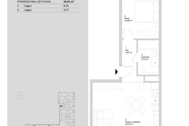 Rzut - Mieszkanie na sprzedaż 2 pokoje o powierzchni 50,91 m² - numer A.1.1 w ATAL Parkowa