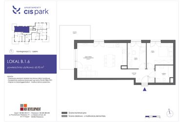 Rzut - Mieszkanie na sprzedaż 3 pokoje o powierzchni 65,95 m² - numer B.1.6 w CIS Park
