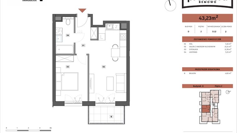 Rzut - Mieszkanie na sprzedaż 2 pokoje o powierzchni 43,23 m² - numer D.12 w Premiera Bemowo