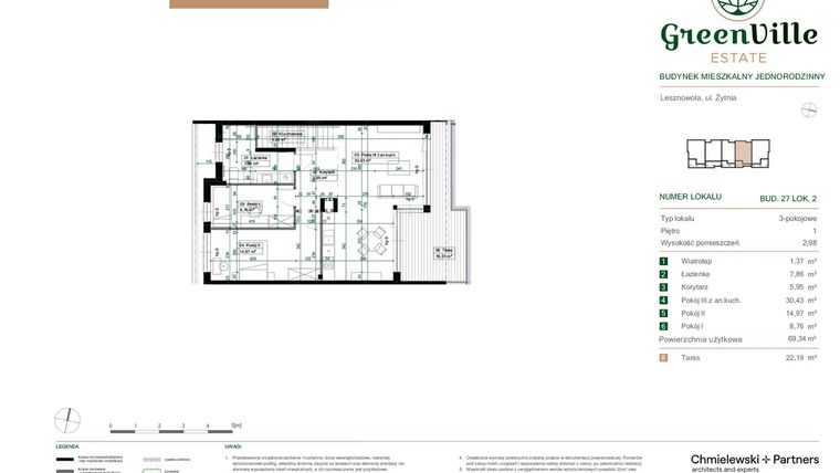 Rzut - Mieszkanie na sprzedaż 3 pokoje o powierzchni 69,34 m² - numer 27.2 w Green Ville
