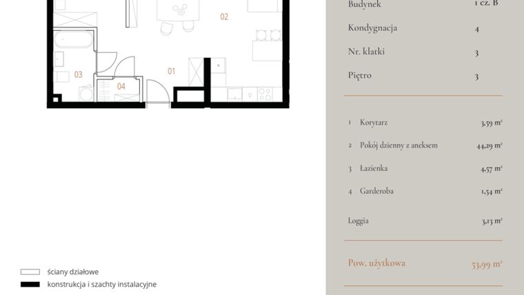 Rzut - Mieszkanie na sprzedaż 1 pokój o powierzchni 53,99 m² - numer M116 w MURANO