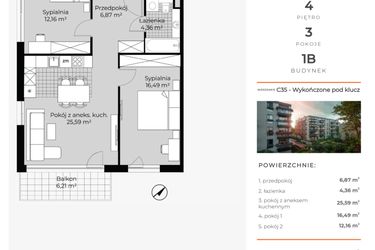 Rzut - Mieszkanie na sprzedaż 3 pokoje o powierzchni 65,46 m² - numer C35 w Na Koszutce