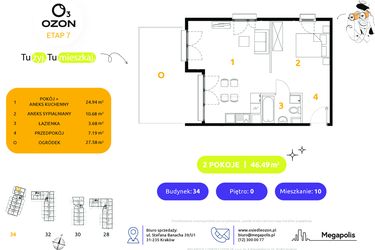 Rzut - Mieszkanie na sprzedaż 2 pokoje o powierzchni 46,49 m² - numer 34.10 w Osiedle Ozon etap VII