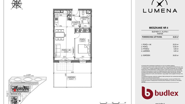 Rzut - Mieszkanie na sprzedaż 2 pokoje o powierzchni 43,83 m² - numer C1.04 w Lumena