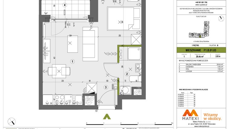 Rzut - Mieszkanie na sprzedaż 1 pokój o powierzchni 29,4 m² - numer F1.B.01.03 w XYZ Place