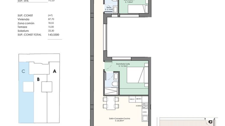 Rzut - Mieszkanie na sprzedaż 3 pokoje o powierzchni 145 m² - numer 5.5C w Apartamenty w Torrevieja - 97791076