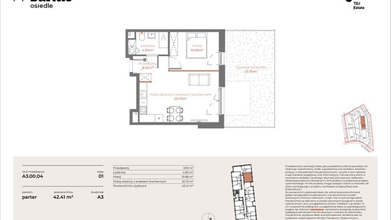 Rzut - Mieszkanie na sprzedaż 2 pokoje o powierzchni 42,41 m² - numer A3-00.04 w Sarnie Osiedle