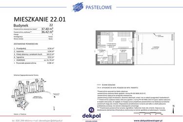 Rzut - Mieszkanie na sprzedaż 2 pokoje o powierzchni 36,42 m² - numer 22.01 w Osiedle Pastelowe etap IV